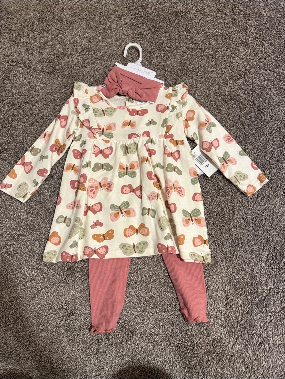 Rene Rofe Cream Butterfly Print Dress with Dusty Rose Leggings & Headband
